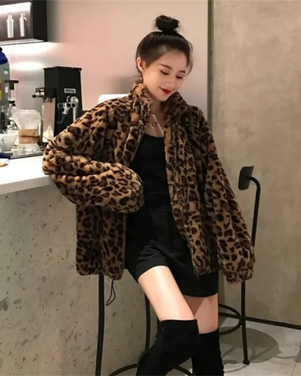 Women's Leopard Print Faux Mink Velvet Jacket - Imitation Mink Fur Coat for Women