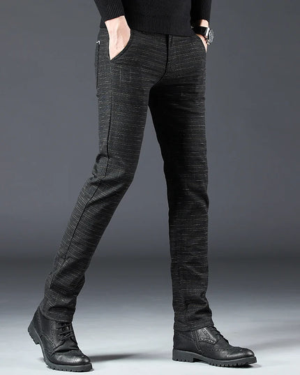 Men's Slim Fit Brushed Cotton-Linen Straight Plaid Trousers