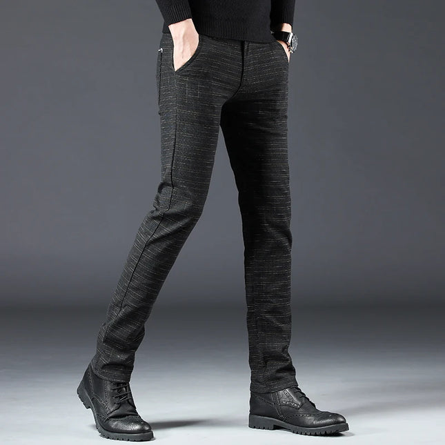 Men's Slim Fit Brushed Cotton-Linen Straight Plaid Trousers