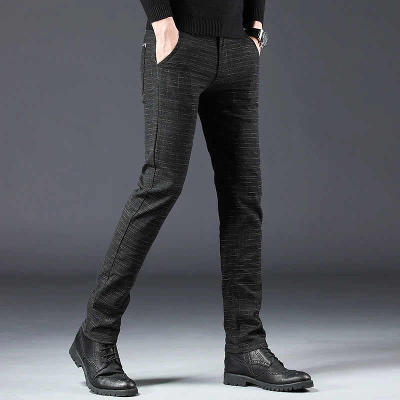 Men's Slim Fit Brushed Cotton-Linen Straight Plaid Trousers