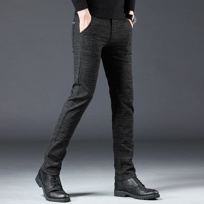 Men's Slim Fit Brushed Cotton-Linen Straight Plaid Trousers
