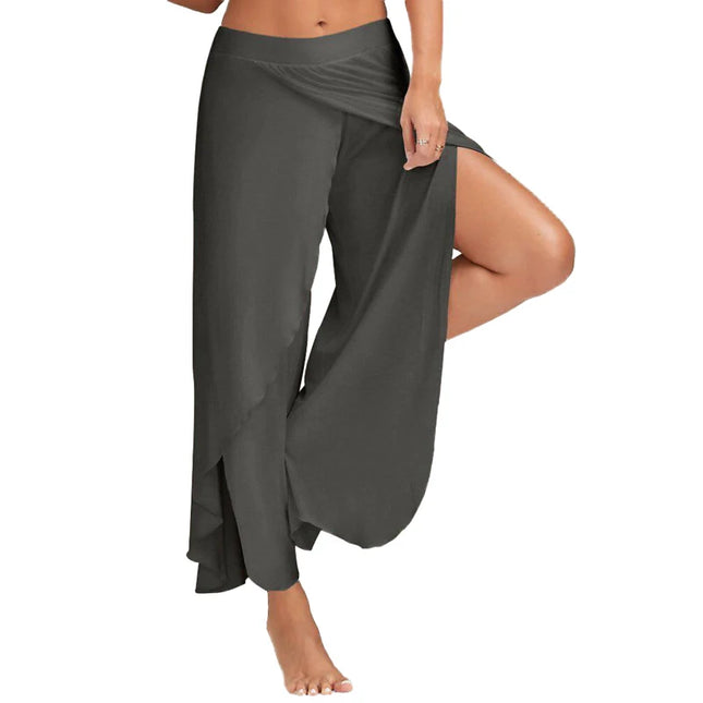 Women's Slit Flared Palazzo Trousers - Wide Leg Chiffon Pants with Side Split