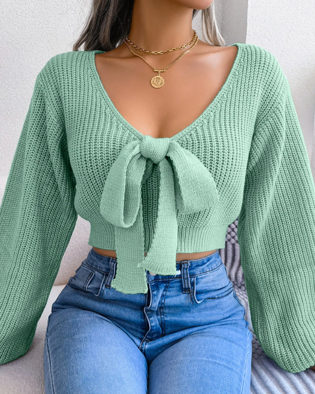 Bow Tie Sweater for Women with Puff Sleeves