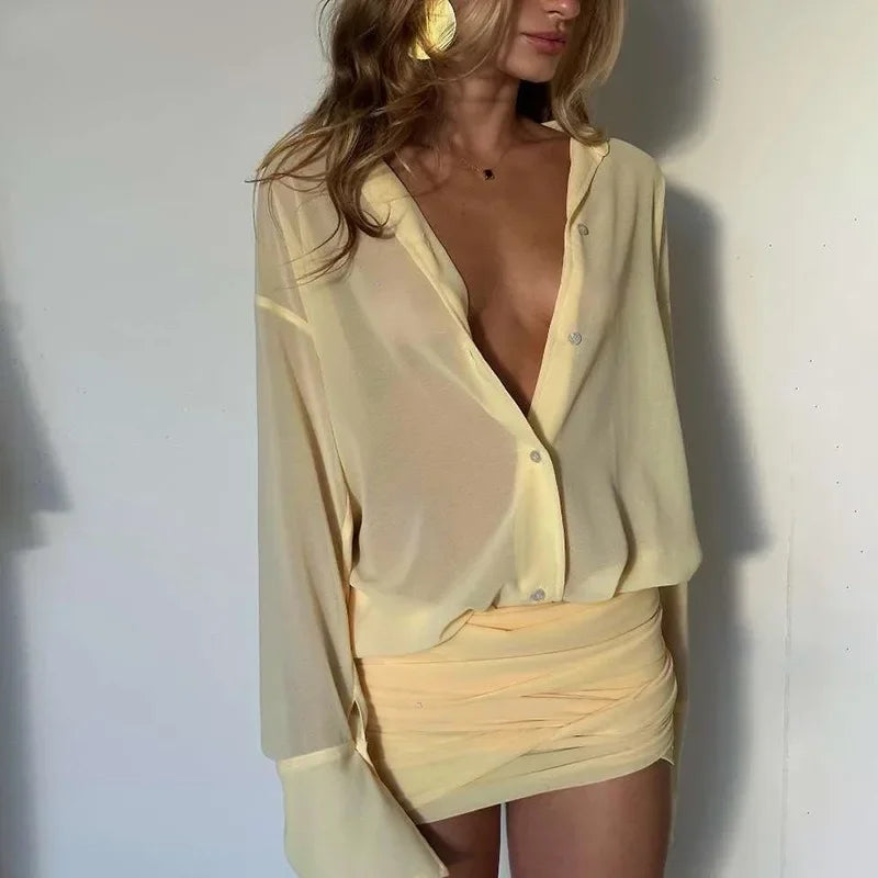 Women's Shirt Dress with Lapel, Slim Fit, Short Length, Pleated Design, and Sheer Fabric