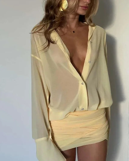 Women's Shirt Dress with Lapel, Slim Fit, Short Length, Pleated Design, and Sheer Fabric