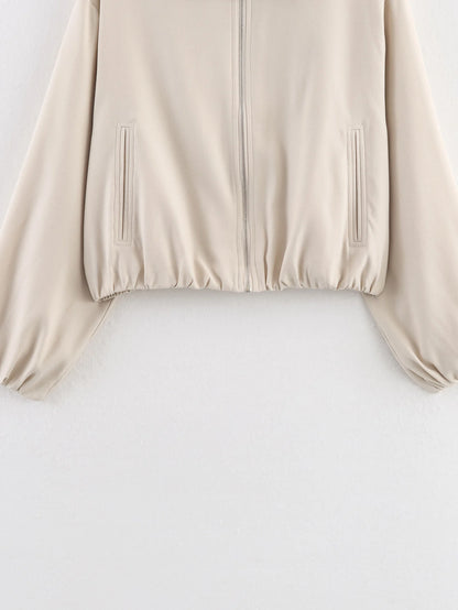 Women's Short Zipper Jacket with Long Sleeves, Casual Style, Elastic Hem