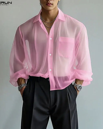 INCERUN Men's Chiffon Lapel Long Sleeve See-Through Loose Shirt