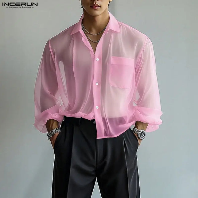 INCERUN Men's Chiffon Lapel Long Sleeve See-Through Loose Shirt