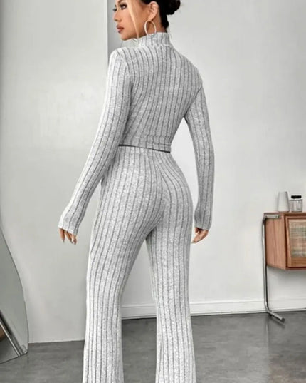 Women's Stand Collar Crop Sweater and Flared Pants 2-Piece Set