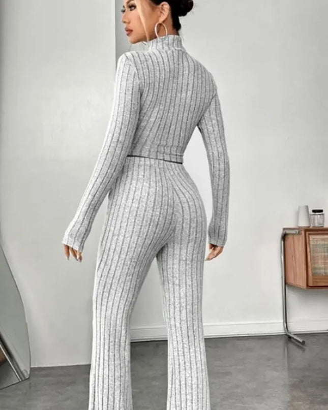Women's Stand Collar Crop Sweater and Flared Pants 2-Piece Set