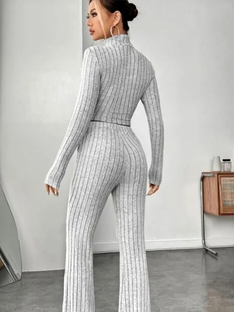 Women's Stand Collar Crop Sweater and Flared Pants 2-Piece Set