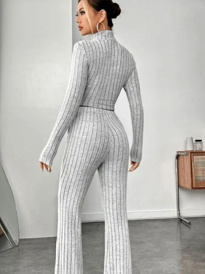 Women's Stand Collar Crop Sweater and Flared Pants 2-Piece Set