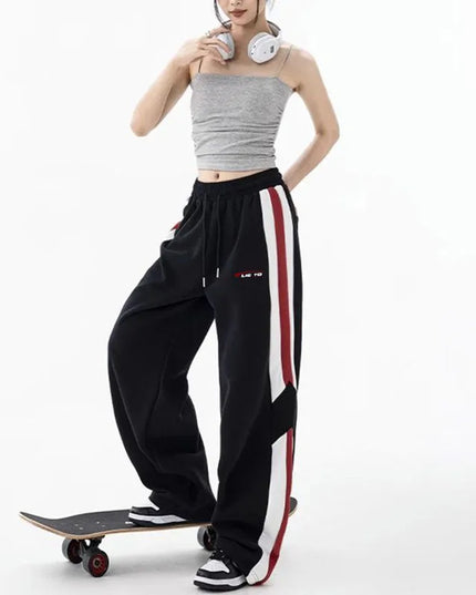 Women's Elastic Waist Side Stripe Sweatpants - Loose Fit, Straight Wide Leg Joggers
