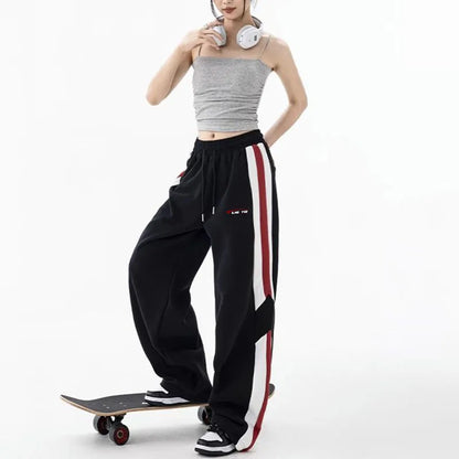 Women's Elastic Waist Side Stripe Sweatpants - Loose Fit, Straight Wide Leg Joggers