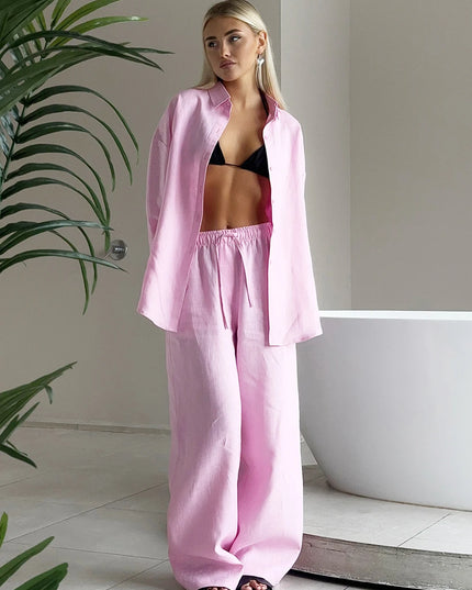 Women's Cotton 2-Piece Shirt and Pants Set with Drawstring