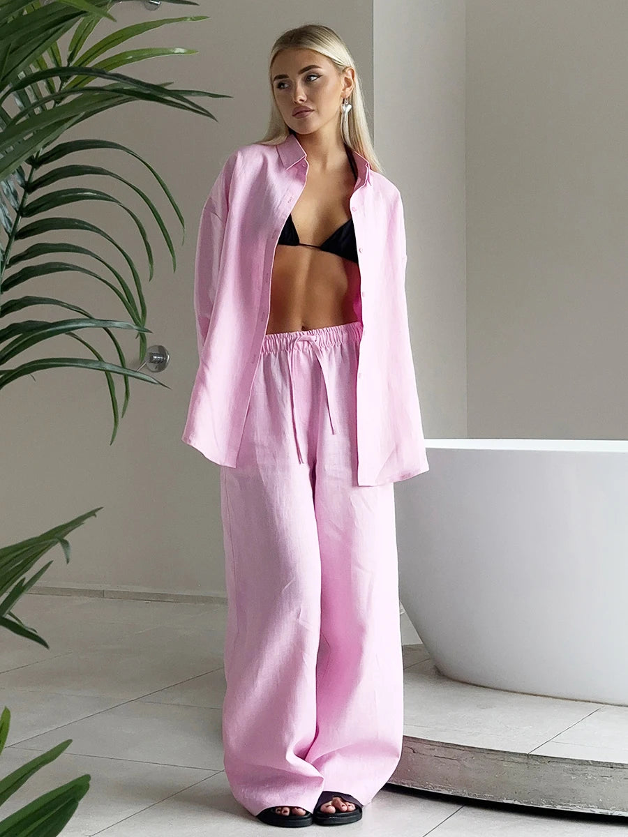 Women's Cotton 2-Piece Shirt and Pants Set with Drawstring
