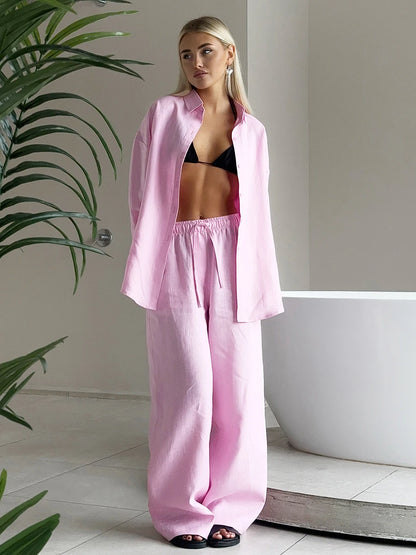 Women's Cotton 2-Piece Shirt and Pants Set with Drawstring