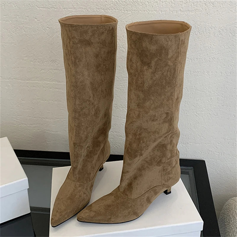 Embroidered Women's Pointed Toe High Knee Boots with Thick Heel - PU Leather