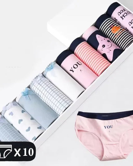 10Pcs Women's Cotton Panties – Comfortable Cartoon Print Underwear Set