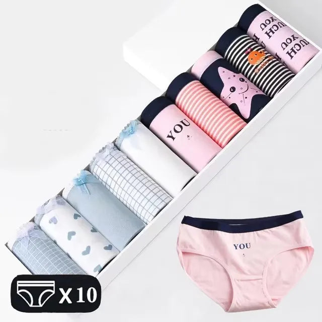 10Pcs Women's Cotton Panties – Comfortable Cartoon Print Underwear Set