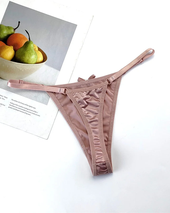 3-Piece Pink Satin Thong Set for Women - Adjustable Low Waist, Comfortable Silk Lace Underwear