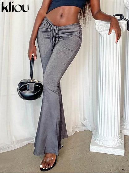 Kliou Women's Low Waist Flare Pants – Drawstring Ruched Trousers with Elastic Waist  C