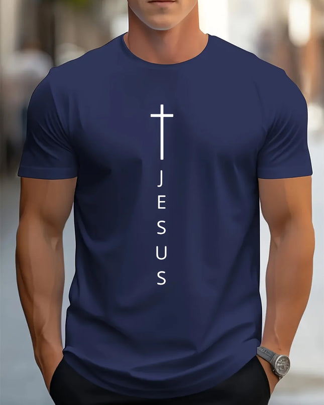 Men's 100% Cotton Casual T-Shirt with Large Cross and Jesus Letter Print
