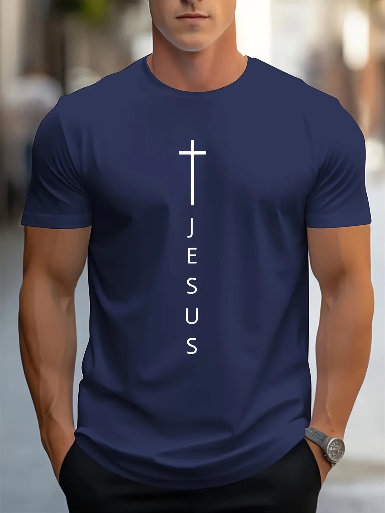 Men's 100% Cotton Casual T-Shirt with Large Cross and Jesus Letter Print