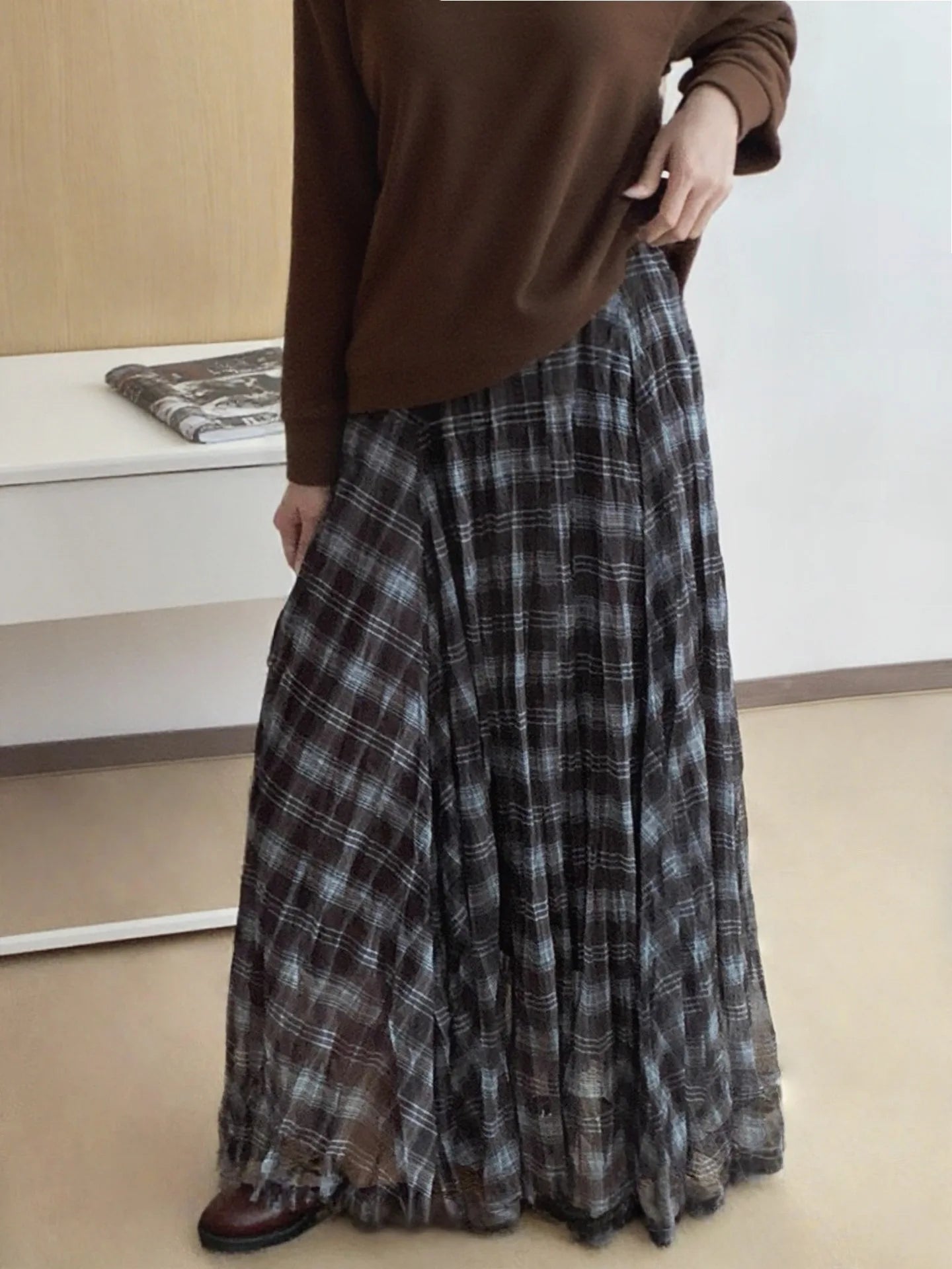 High-Waisted Mesh Splicing Plaid Midi Skirt for Women - Drape, Pleated, Loose Fit