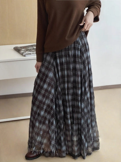 High-Waisted Mesh Splicing Plaid Midi Skirt for Women - Drape, Pleated, Loose Fit