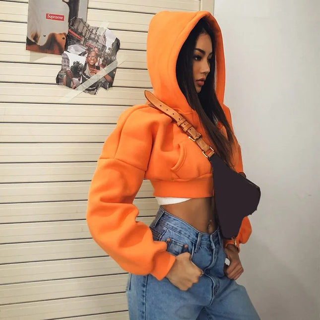 Women's Cropped Zip-Up Hoodie Jacket - Vintage Style with Pockets
