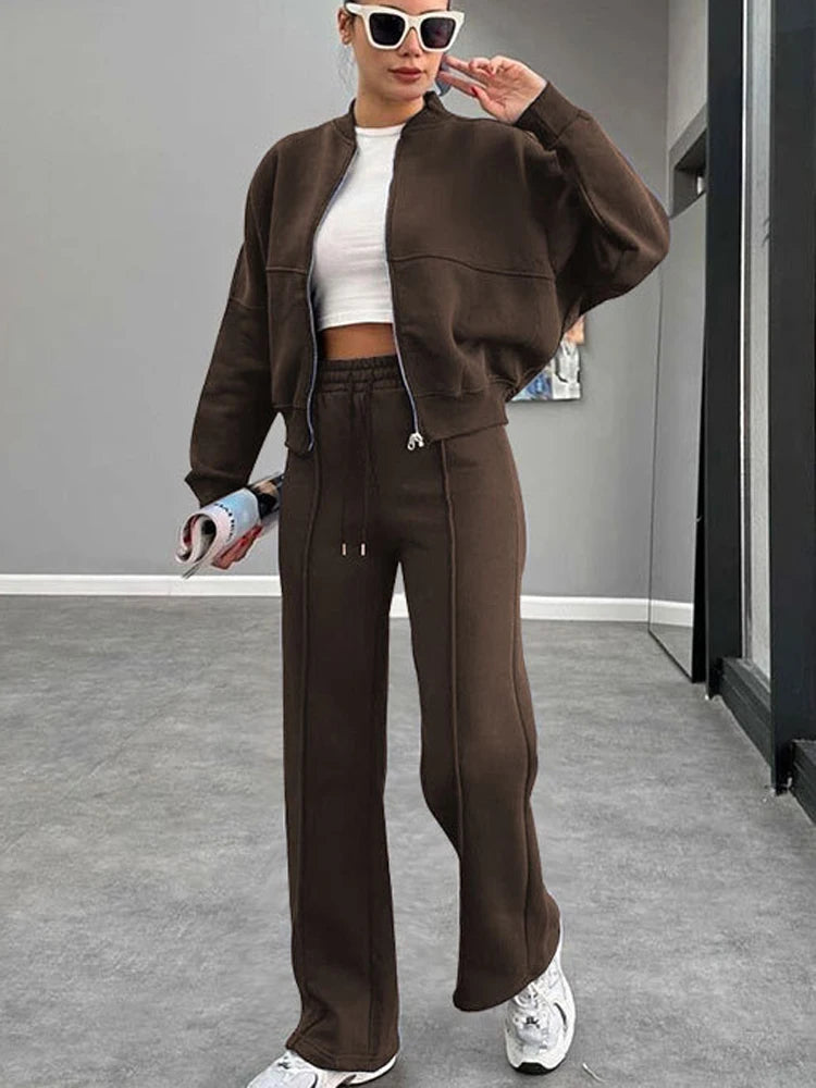 Women's Two-Piece Zipper Jacket and High-Waist Lace-Up Elastic Trousers Set