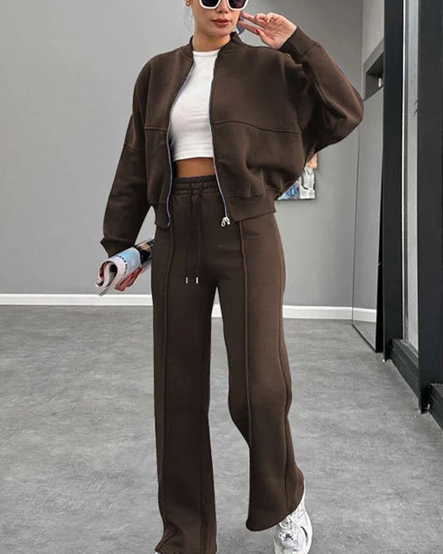 Women's Two-Piece Zipper Jacket and High-Waist Lace-Up Elastic Trousers Set