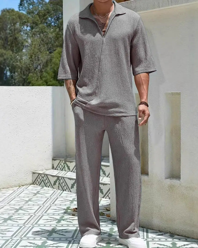 Men's Two-Piece Classic Shirt and Loose-Fit Pants Set.