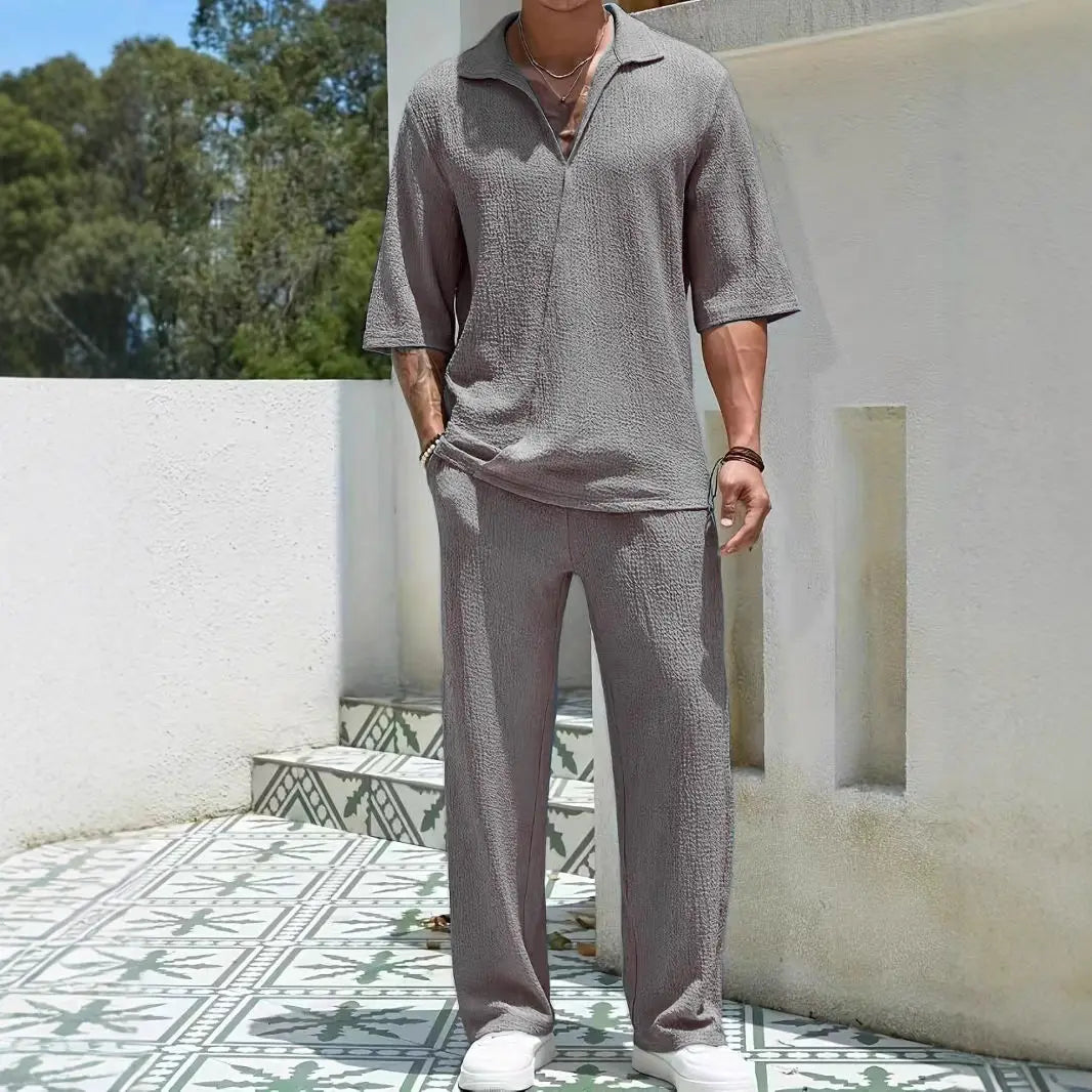 Men's Two-Piece Classic Shirt and Loose-Fit Pants Set.