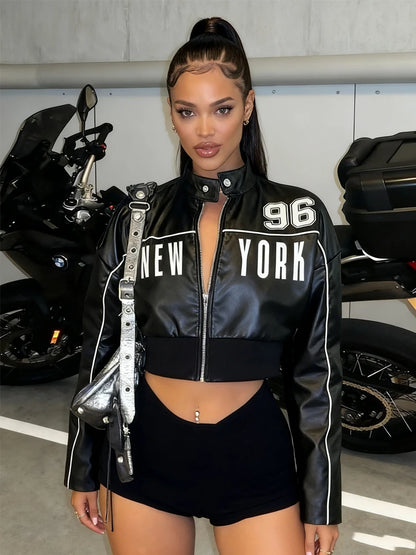 Women's Letter Print PU Crop Jacket