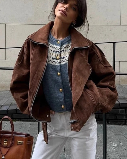 Women's Retro Faux Lapel Suede Jacket - Loose Fit