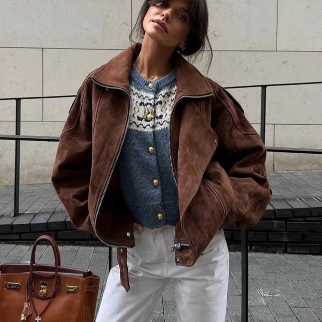 Women's Retro Faux Lapel Suede Jacket - Loose Fit