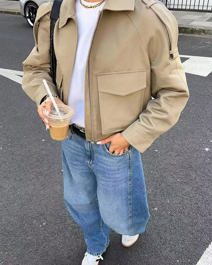 Women's Long Sleeve Casual Jacket with Front Zip Pockets