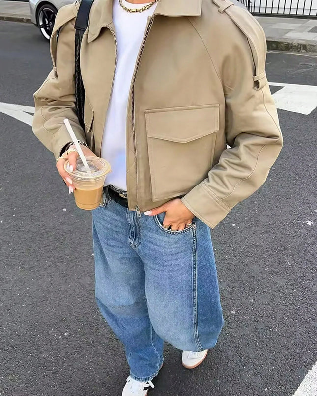 Women's Long Sleeve Casual Jacket with Front Zip Pockets