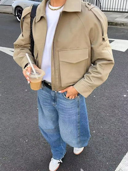 Women's Long Sleeve Casual Jacket with Front Zip Pockets