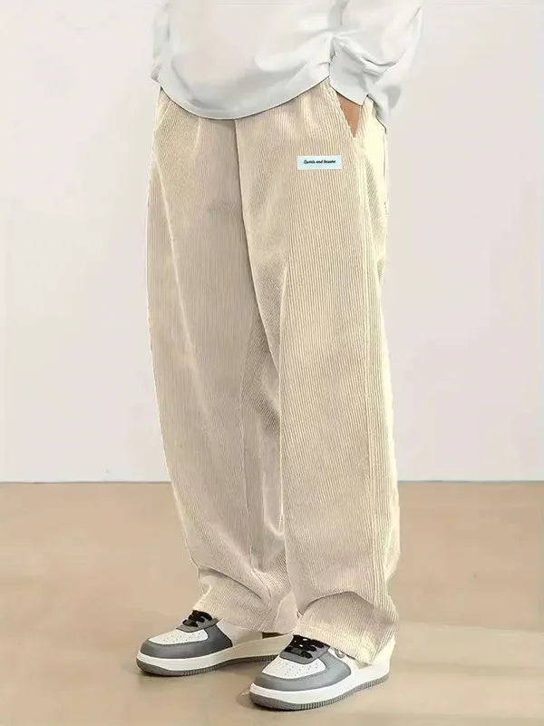 Men's Loose Fit Corduroy Casual Pants with Elastic Waist and Drawstring
