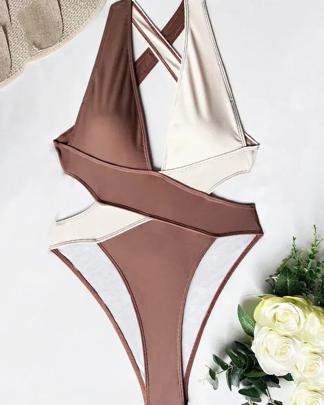 Women's Deep V Neck Cross Backless One-Piece Swimsuit - High Cut, Stylish & Flattering Swimwear