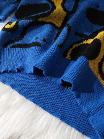 Men's Casual Crew Neck Knit Sweater with Dog Cartoon Print