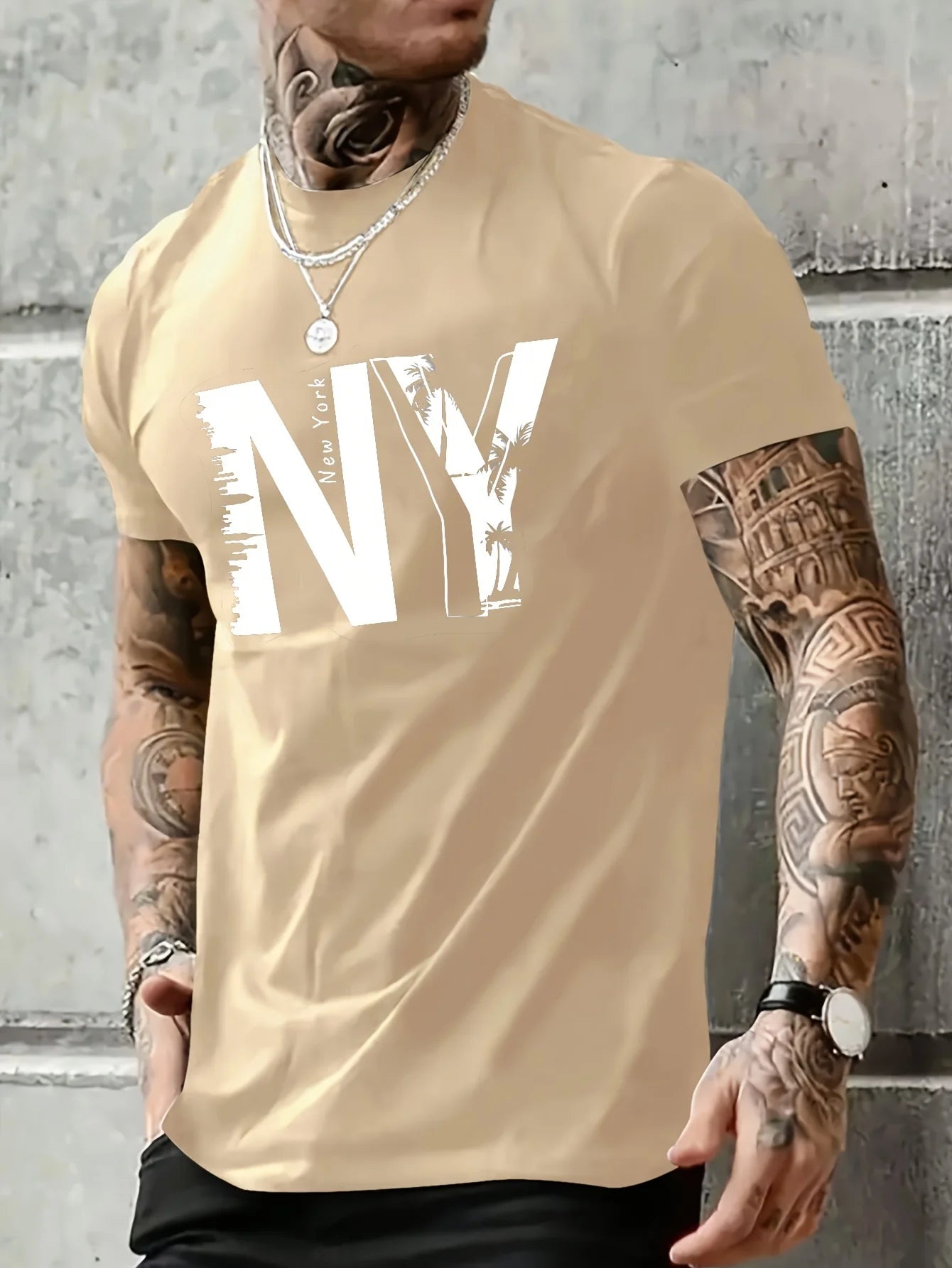 Men's 100% Cotton Casual T-Shirt with NY Letter Print