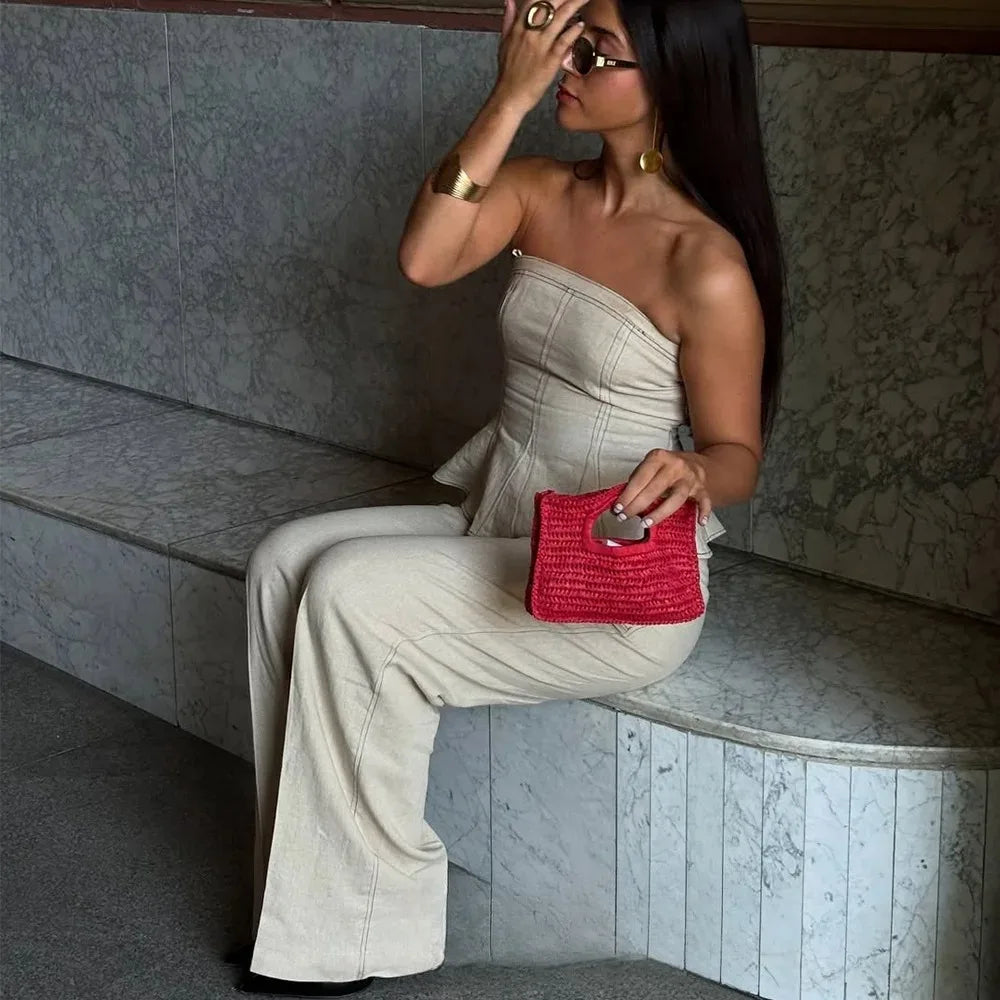 Women's Two-Piece Set: Sleeveless Tube Top & High-Waist Wide Leg Pants