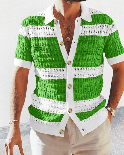 Men’s Casual Striped Knitted Button-Up Shirt with Lapel