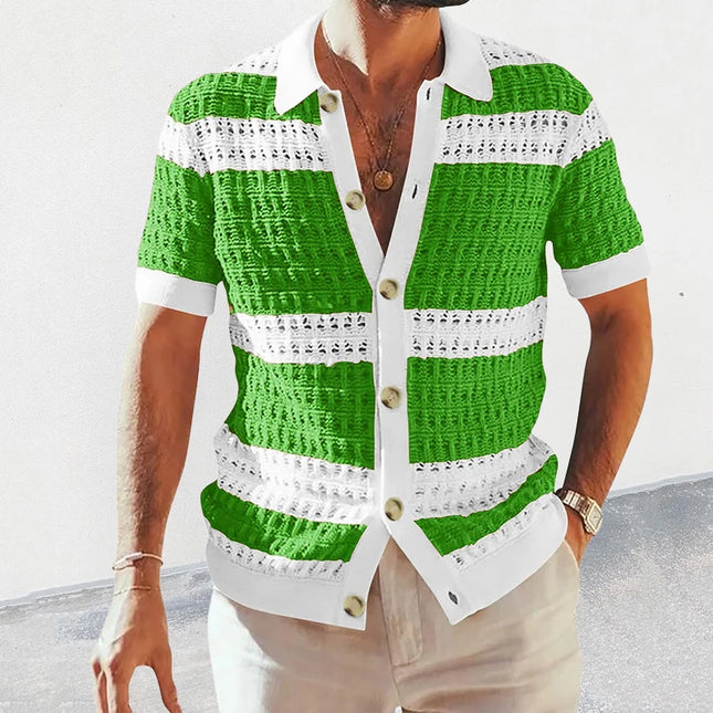 Men’s Casual Striped Knitted Button-Up Shirt with Lapel