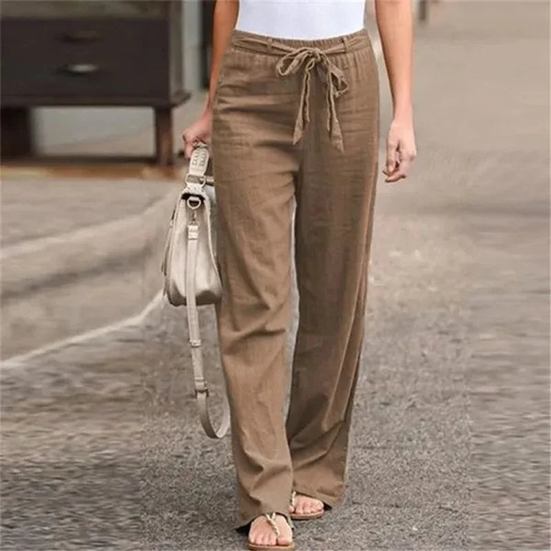 Women's Casual Loose Cotton Linen Pants - Elastic Waist, Straight Fit,