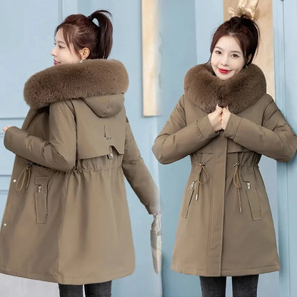 Women's Long Hooded Parka Coat with Wool Lining and Fur Collar - Various Colors